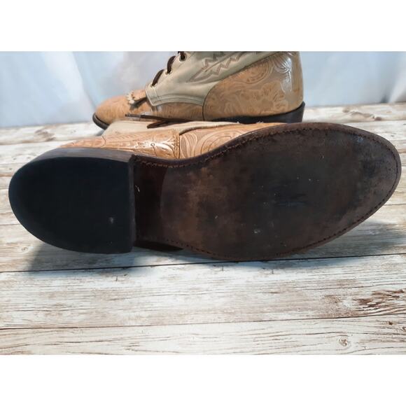 VTG Larry Mahan Tan Tooled Leather Lace Up Western Boots 9 M Kiltie Boots - Picture 9 of 9